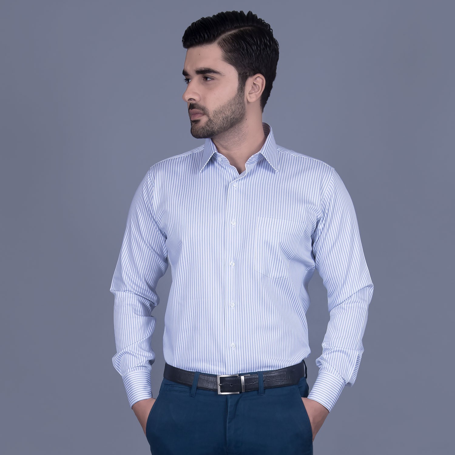 Formal Poly Cotton Shirt in Blue Stripes